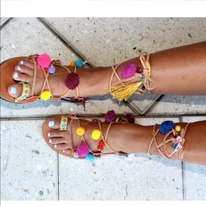 Pom Pom Tassel Wrap Up Sandals